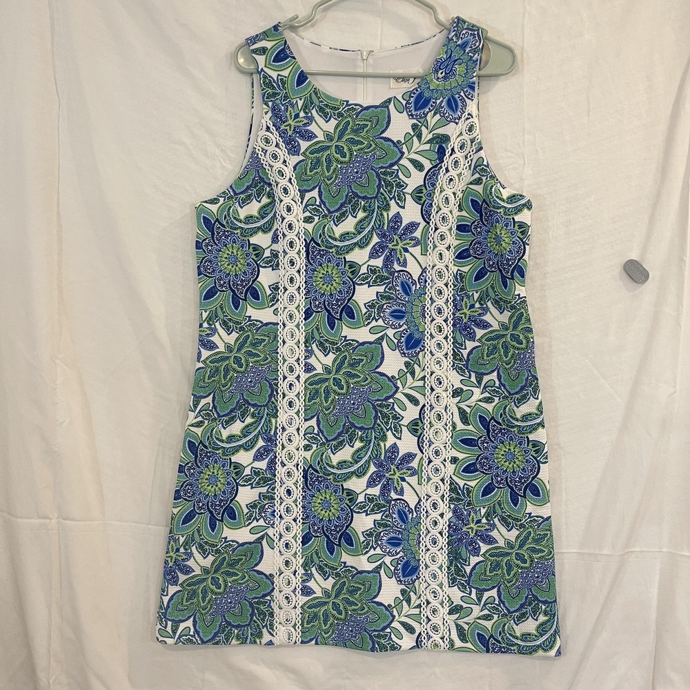 Eliza J‎ Dress Womens 16 Blue Green Floral Lace Trim Sleeveless Shift Lined Mini